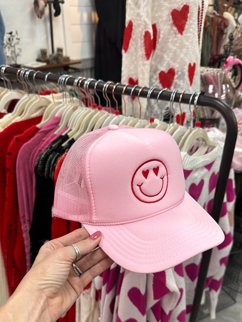 Smiley Face Trucker Hat with Heart Eyes-Hat-Camel Threads-Inspired Wings Fashion