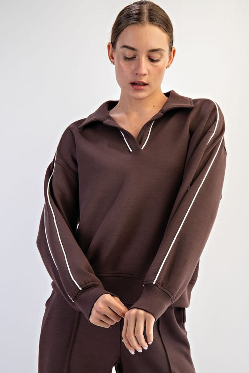 Scuba Piping Polo Top-Shirts & Tops-Rae Mode-Espresso/Cream-Small-Inspired Wings Fashion