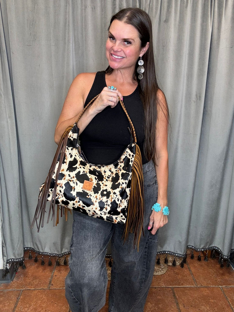 Cowhide Conceal Carry Large Hobo Bag-Handbags-Rafter T Ranch Company-Peppered Print-Inspired Wings Fashion