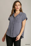 Frayed Hem Button Up Top-Shirts & Tops-Umgee-Ash Blue-Small-Inspired Wings Fashion