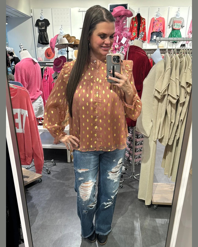 Gold Dot Chiffon Blouse-Shirts & Tops-She+Sky-Small-Lt. Cinnamon-Inspired Wings Fashion