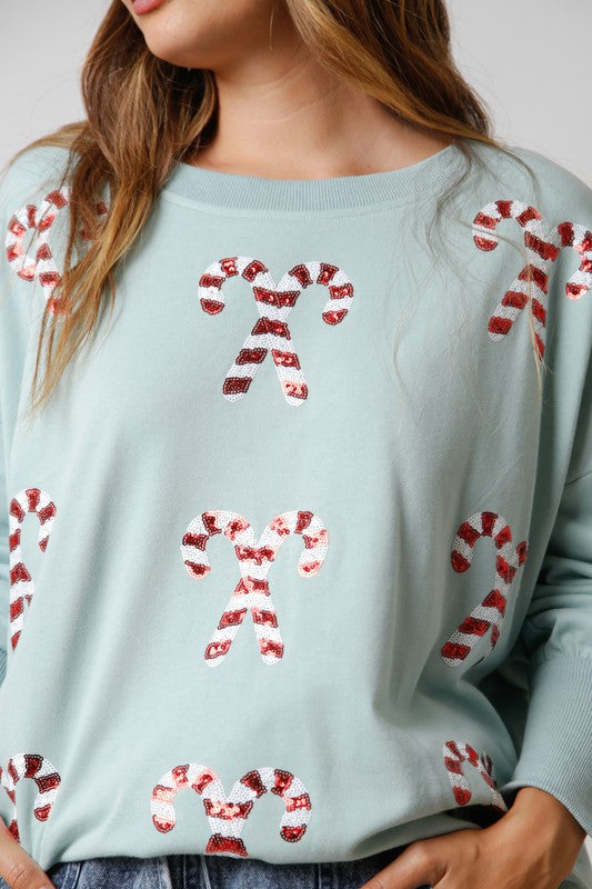 Sequin Candy Cane Loose Fit Sweatshirt-Sweatshirt-Fantastic Fawn-Small-Dusty Sage-Inspired Wings Fashion