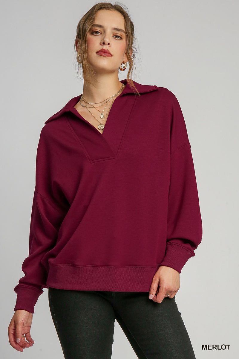 Collared Neoknit Sweatshirt-Sweatshirt-Umgee-Merlot-Small-Inspired Wings Fashion