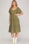 Flounce Tiered Woven Midi Dress-Dresses-She+Sky-Small-Olive-Inspired Wings Fashion