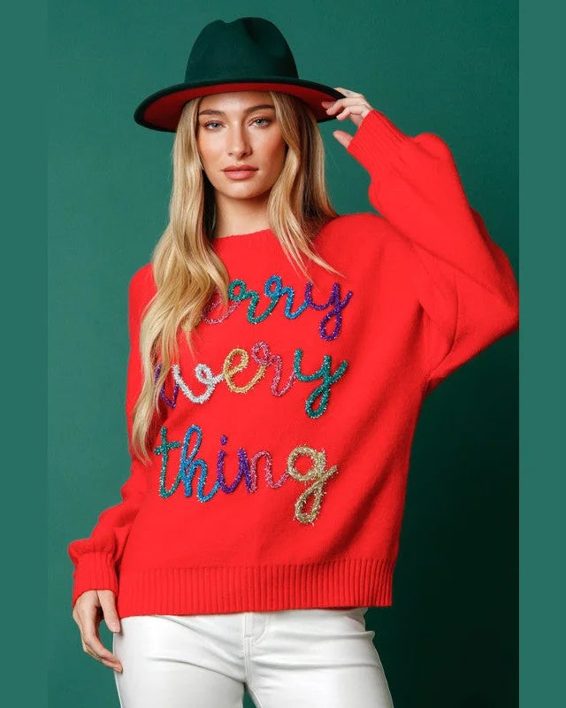Merry Everything Embroidery Sweater-Sweatshirt-Peach Love California-Small-Red-Inspired Wings Fashion