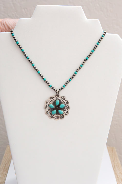 Sterling Flower & Turquoise Pendant Necklace-Necklaces-Just Fabulous-Inspired Wings Fashion