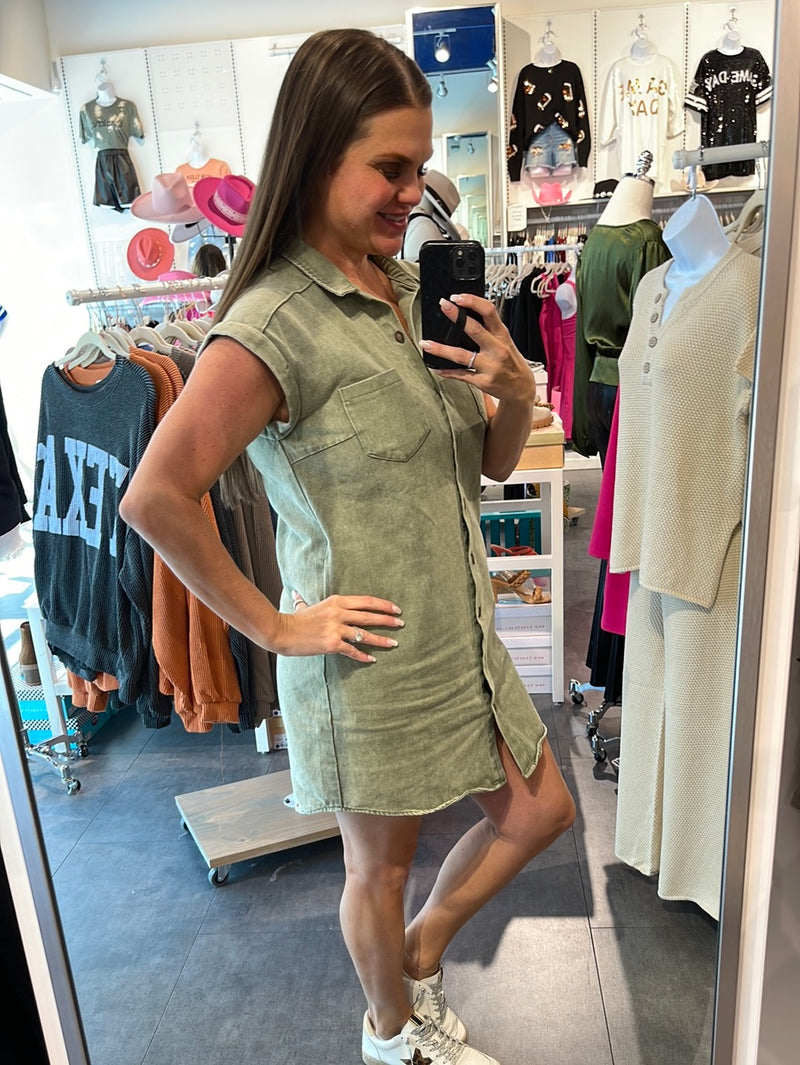 Folded Cuff Button Down Dress-Dresses-She+Sky-Small-Olive-Inspired Wings Fashion