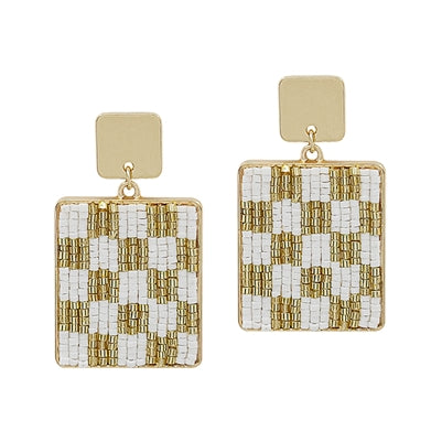 White and Gold Seed Bead Checkered Square Earring-Earrings-What's Hot Jewelry-Inspired Wings Fashion