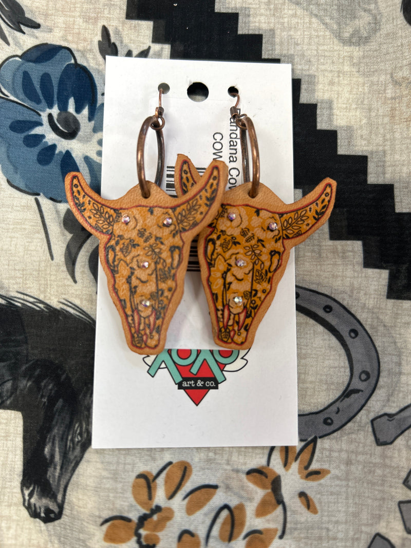 Bandana Cow Skull Leather Earrings-Earrings-XOXO ART & CO-Inspired Wings Fashion