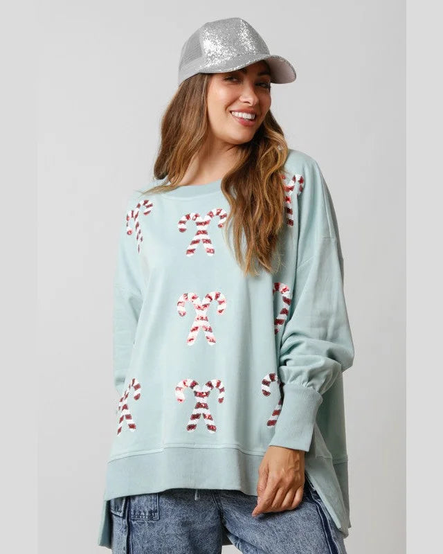 Sequin Candy Cane Loose Fit Sweatshirt-Sweatshirt-Fantastic Fawn-Small-Dusty Sage-Inspired Wings Fashion
