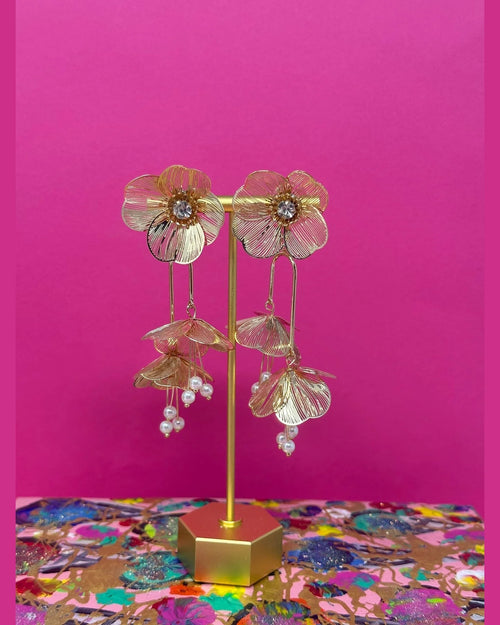 Flowers & Pearls Earring-Earrings-Golden Lily Wholesale-Goldtone-Inspired Wings Fashion