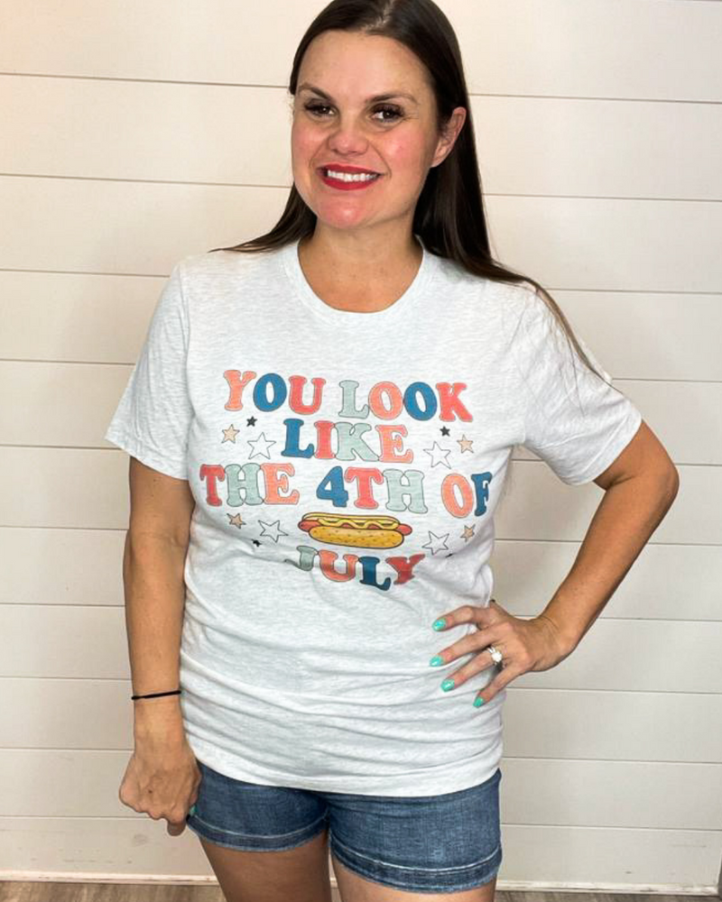 Fourth of July Hotdog Graphic Tee-Graphic Tee-Alphia-Small-Ash-Inspired Wings Fashion