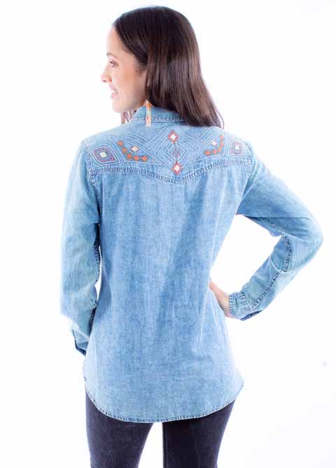 Embroidered Yoke Denim Top-Shirts & Tops-Scully-Blue-XS-Inspired Wings Fashion