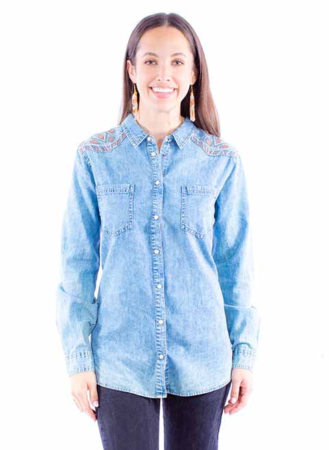 Embroidered Yoke Denim Top-Shirts & Tops-Scully-Blue-XS-Inspired Wings Fashion