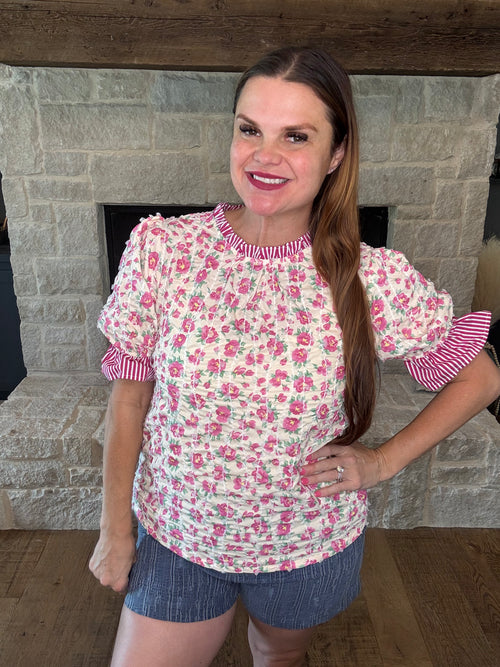 Puff Floral Stripe Top-Shirts & Tops-VOY-Pink-Small-Inspired Wings Fashion