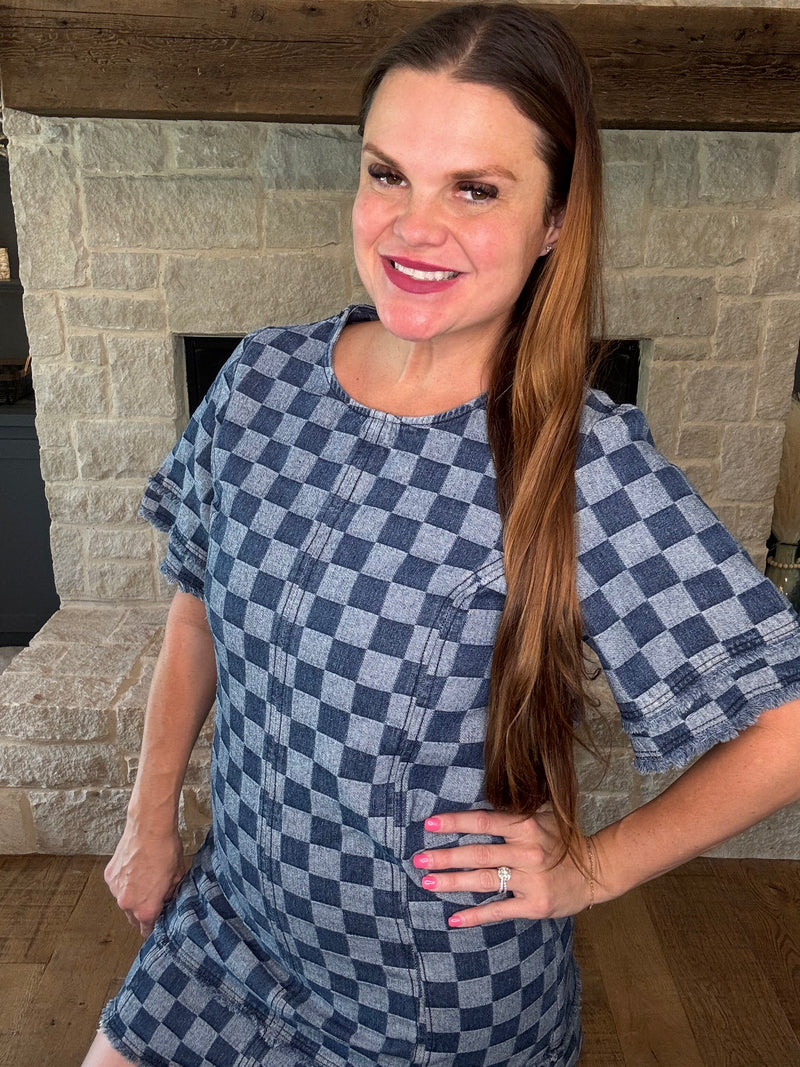Checkered Denim Mini Dress-Dress-Jade by Jane-Denim-Small-Inspired Wings Fashion