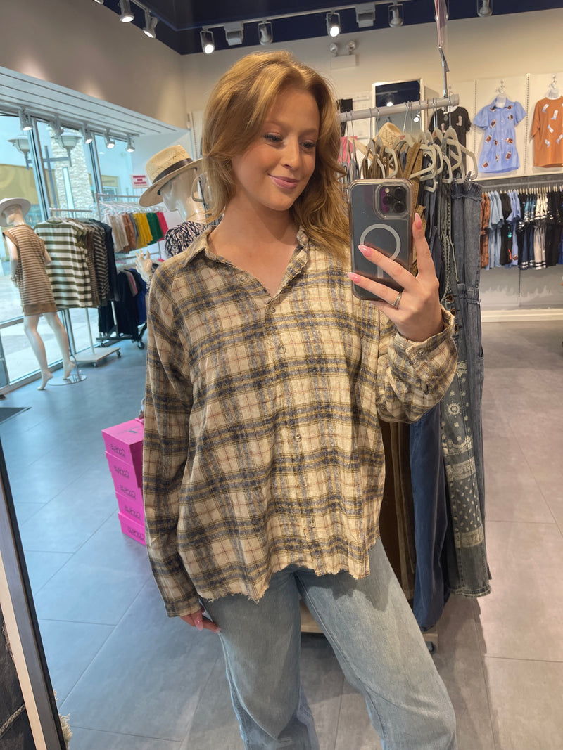 Raw Edge Plaid Top-Shirts & Tops-Wishlist-Sand/Navy-Small-Inspired Wings Fashion