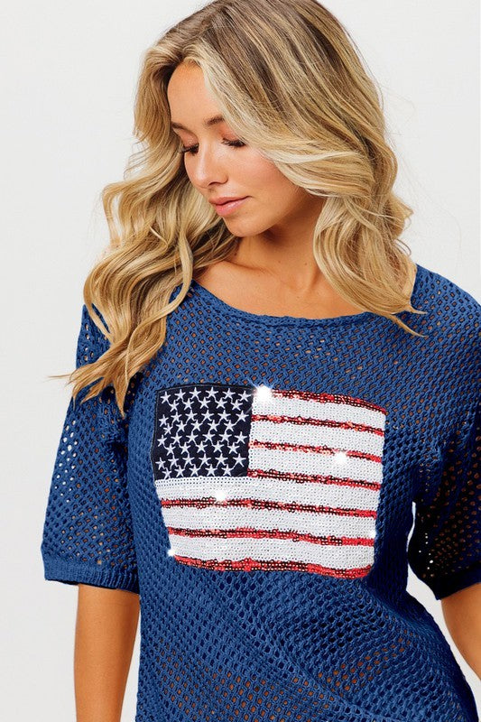 Sequin Flag Cover Up-Shirts & Tops-BiBi-Navy-Small-Inspired Wings Fashion