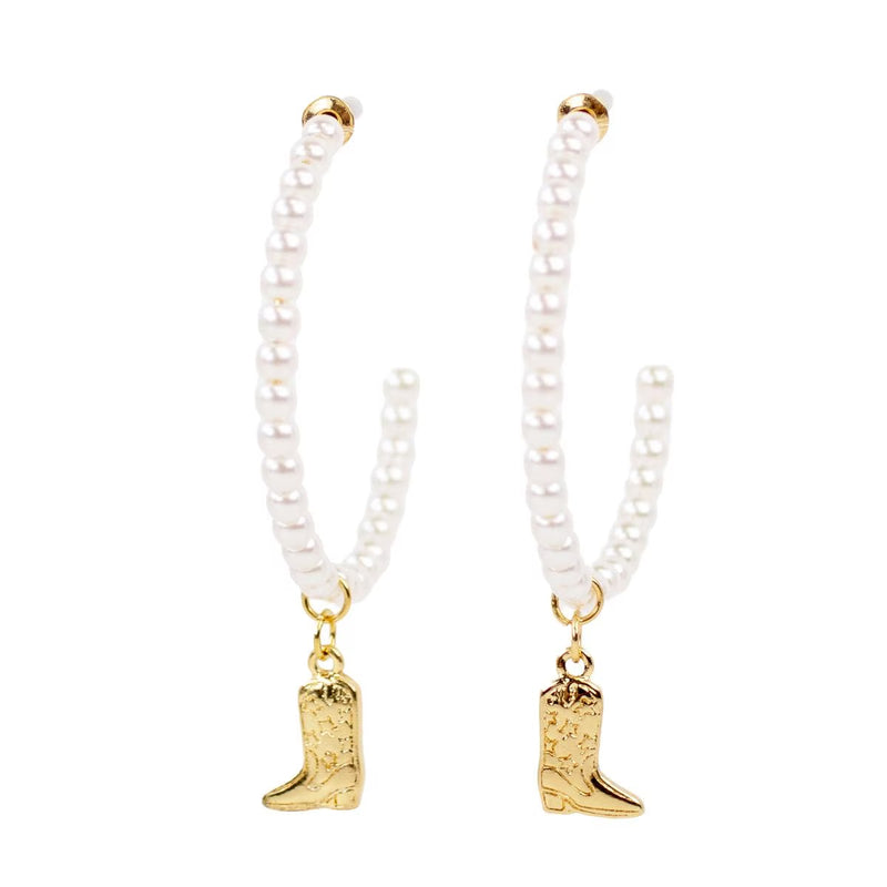 Cowboy Boot Pearl Hoops-Earrings-The Royal Standard-White/Gold-Inspired Wings Fashion