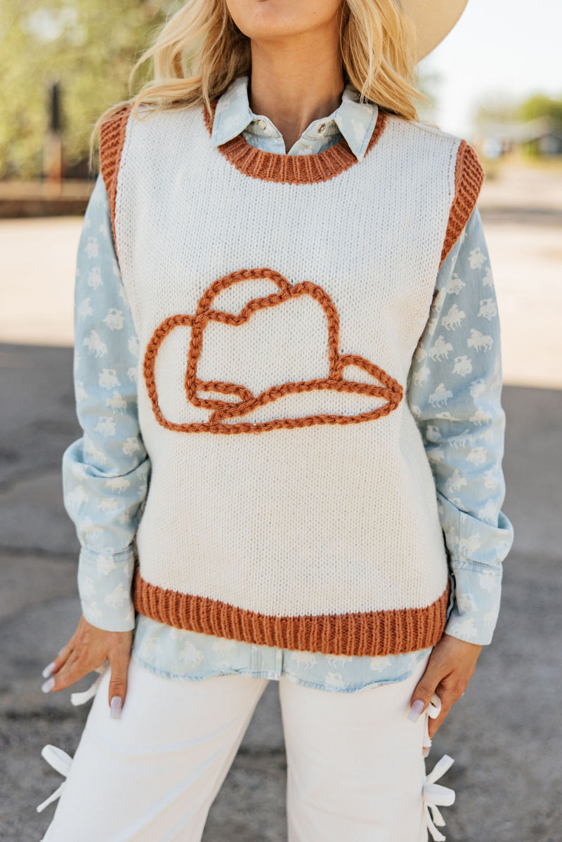 Cowboy Hat Sweater-Sweaters-Turquoise Haven-Ivory/Brown-Small-Inspired Wings Fashion