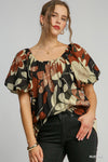 Abstract Round Neck Pleated Top-Shirts & Tops-Umgee-Rust Mix-Small-Inspired Wings Fashion