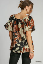 Abstract Round Neck Pleated Top-Shirts & Tops-Umgee-Rust Mix-Small-Inspired Wings Fashion