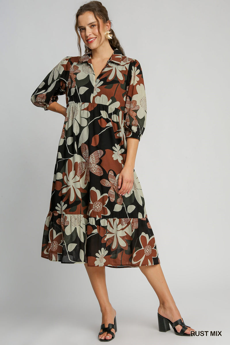 Floral Abstract Collard Tiered Dress-Dress-Umgee-Rust Mix-Small-Inspired Wings Fashion