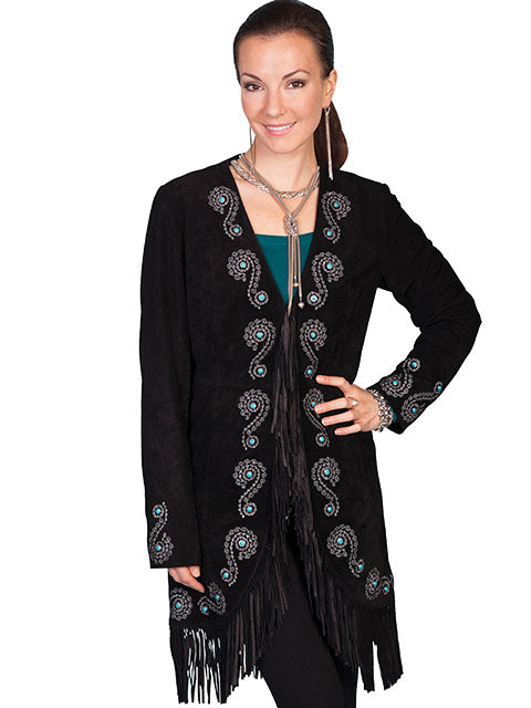 Fringe Embroidered Suede Coat-Coats & Jackets-Scully-Black-XS-Inspired Wings Fashion