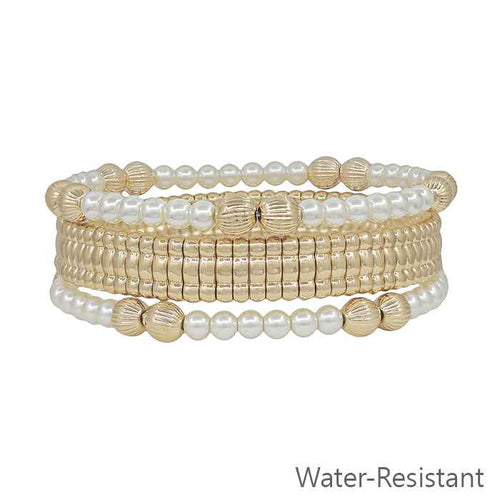 Pearls and Gold Beads Stretch Bracelets-Bracelets-What's Hot Jewelry-Inspired Wings Fashion