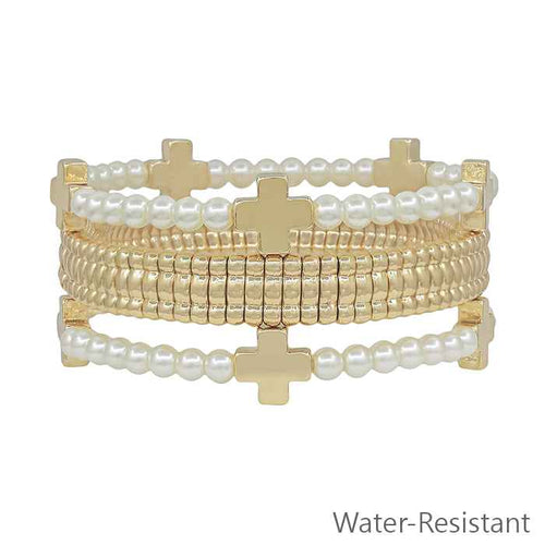 Gold Cross and Pearls Stretch Bracelets-Bracelets-What's Hot Jewelry-Inspired Wings Fashion