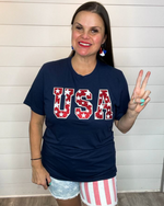 USA Tee with Stars in Red Glitter-T-Shirt-Texas True Threads-Small-Navy-Inspired Wings Fashion