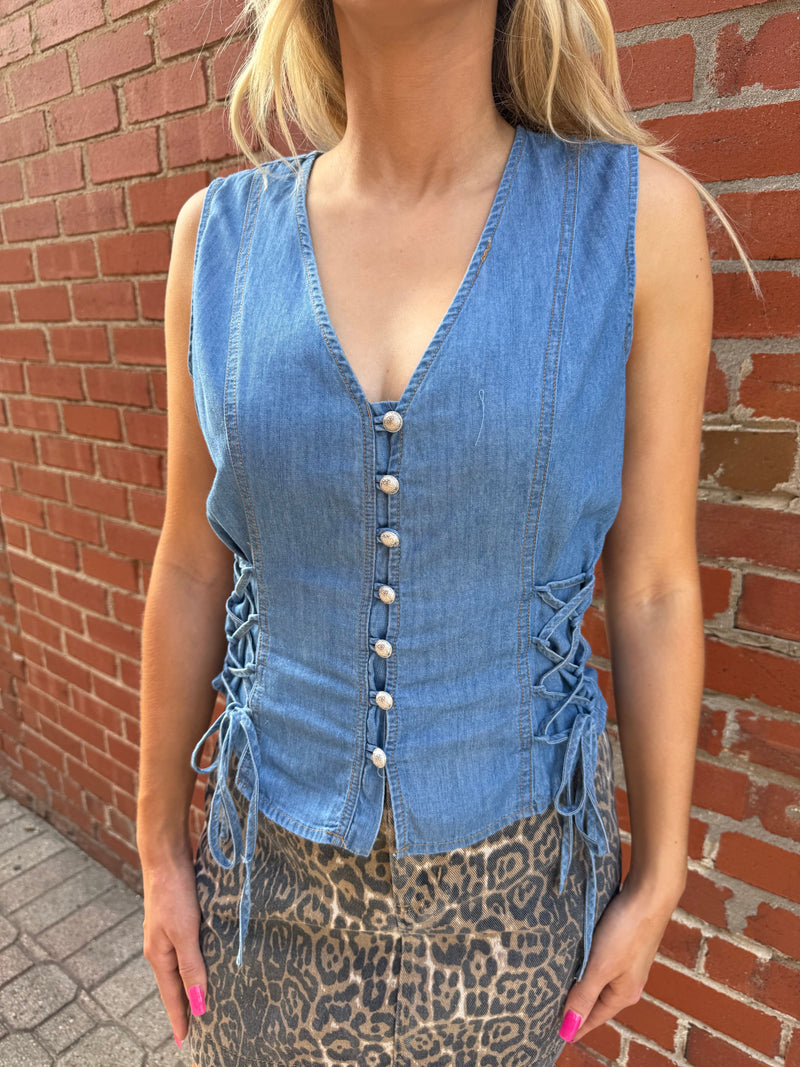 Lace Up Denim Vest-Vest-Scully-Blue-Small-Inspired Wings Fashion