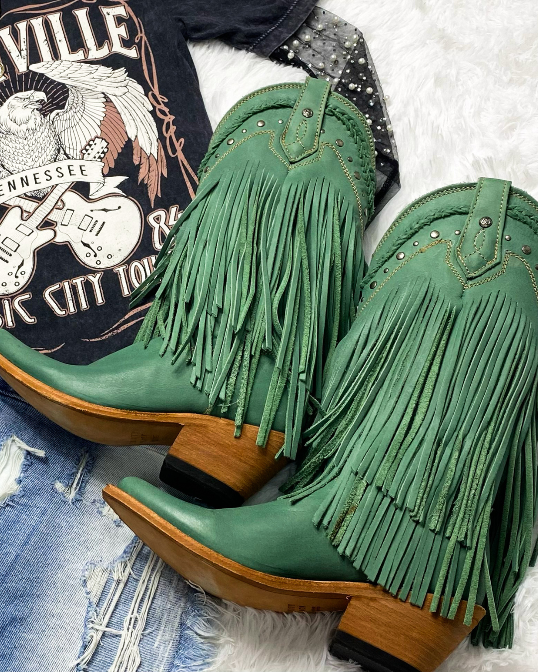 Green 2025 fringe boots