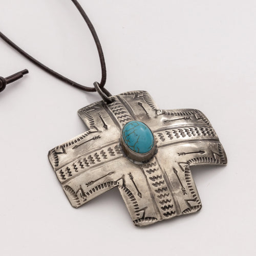 Cross Turquoise Pendant-Pendant-J Alexander Rustic Silver-Inspired Wings Fashion