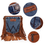 Wrangler Leather Fringe Jean Denim Pocket Crossbody Bag-Bag and Purses-Montana West-Inspired Wings Fashion