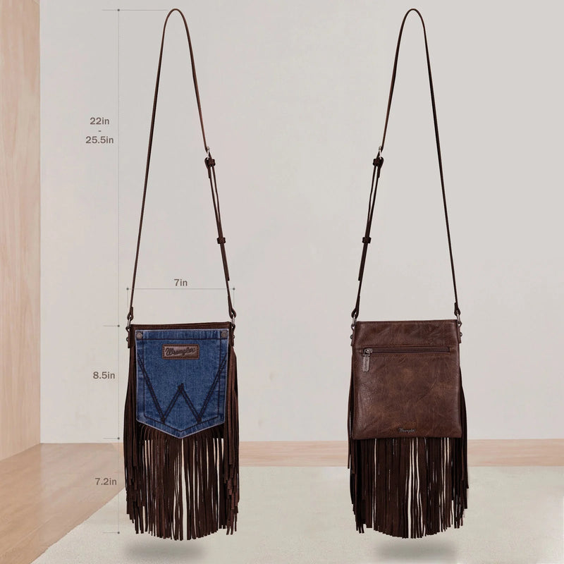 Wrangler Leather Fringe Jean Denim Pocket Crossbody Bag-Bag and Purses-Montana West-Inspired Wings Fashion