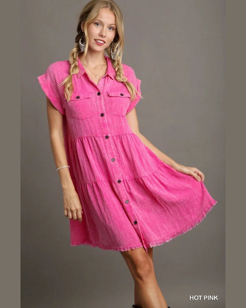 Snow Washed Ruffle Dress-Dresses-Umgee-Small-Hot Pink-Inspired Wings Fashion