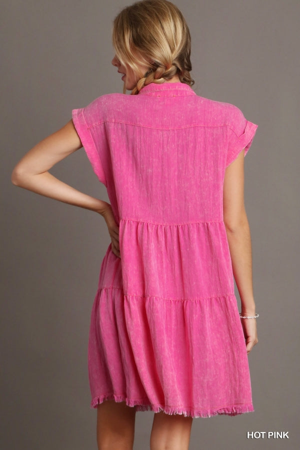 Snow Washed Ruffle Dress-Dresses-Umgee-Small-Hot Pink-Inspired Wings Fashion