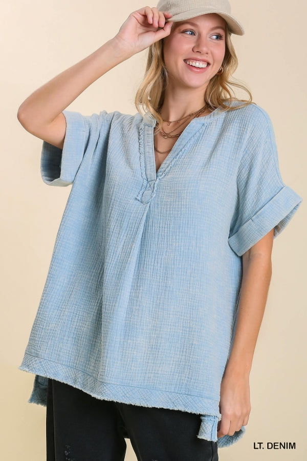 Mineral Washed Gauze Tunic-Tops-Umgee-Small-Light Denim Blue-Inspired Wings Fashion