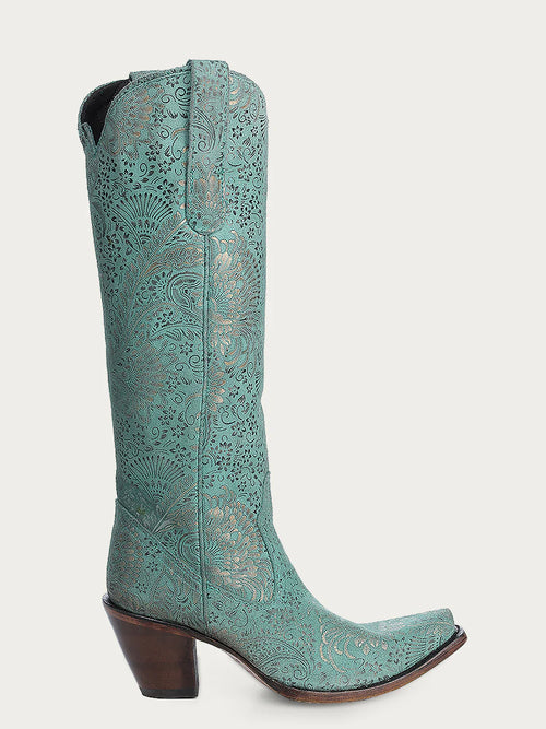 Gold Stamped Floral Boot-Boots-Corral Boots-Turquoise-6-Inspired Wings Fashion
