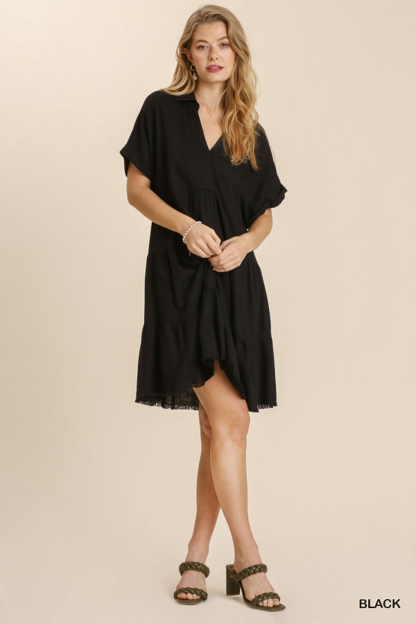 Linen Blend Short Folded Sleeve Dress-Dresses-Umgee-Small-Black-Inspired Wings Fashion