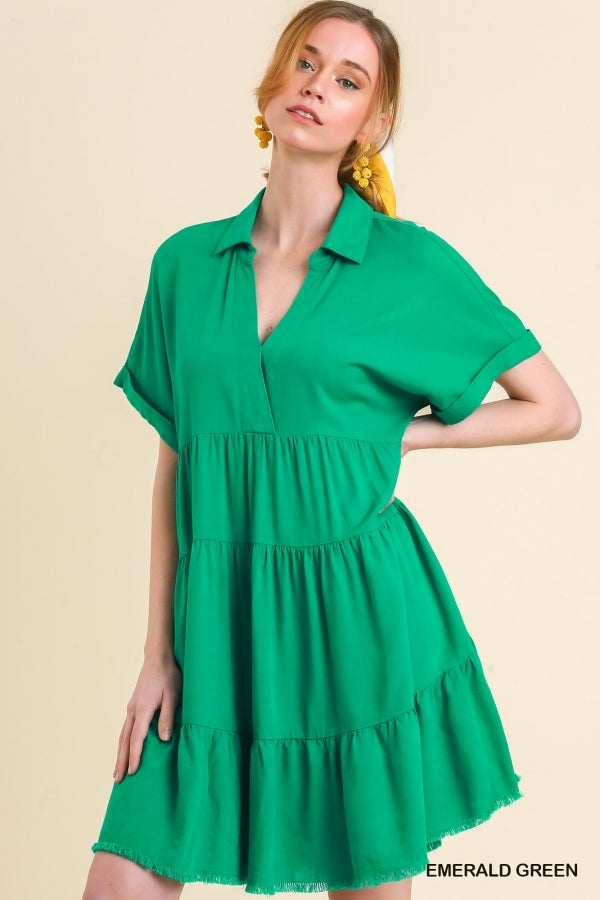 Linen Blend Short Folded Sleeve Dress-Dresses-Umgee-Small-Emerald-Inspired Wings Fashion