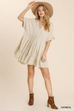 Linen Blend Short Folded Sleeve Dress-Dresses-Umgee-Small-Oatmeal-Inspired Wings Fashion