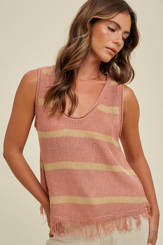 Striped Sweater Tank With Fringe-tank top-Wishlist-Small-Rose/Golden-Inspired Wings Fashion
