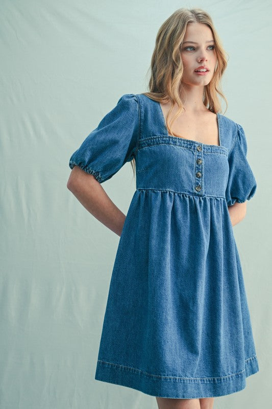 bubble sleeve denim dress Giselle Full Buttons Collared Short Bubble Sleeve Long Denim Dress - Dark Wash Sail Blue / S / 100 | Indie & Co