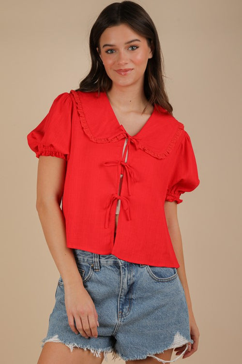 Eyelet Tie Blouse-Top-Very J-Red-Small-Inspired Wings Fashion