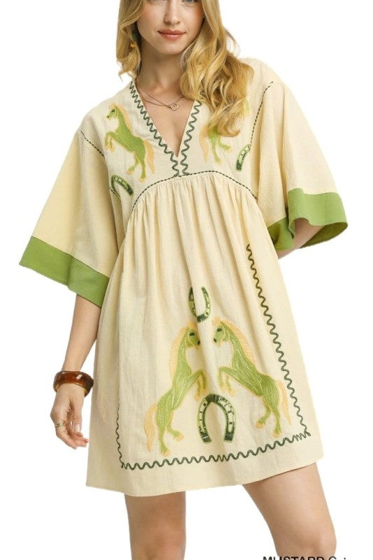 Horse Embroidery Babydoll Dress-Dress-Umgee-Mustard Green-Small-Inspired Wings Fashion