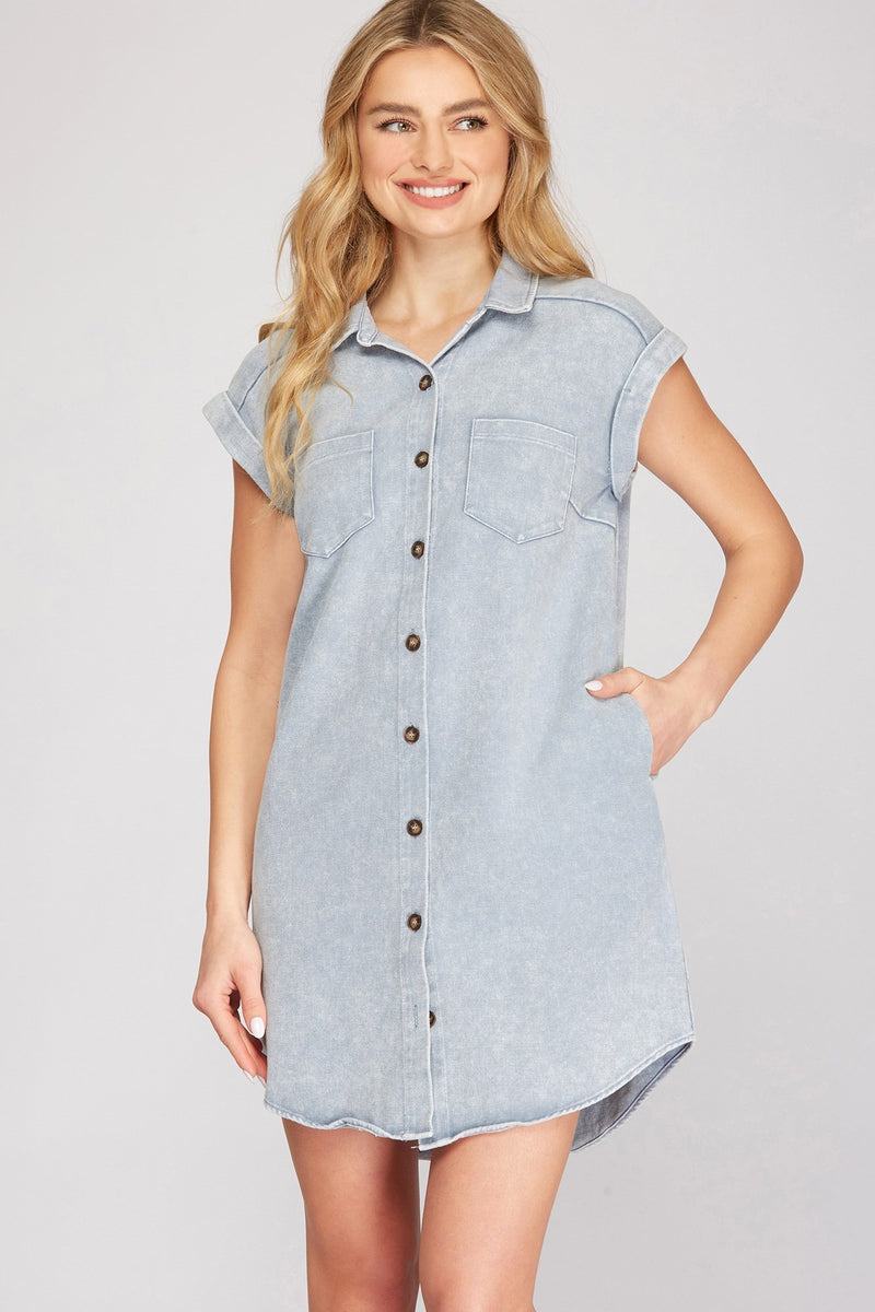 Folded Cuff Button Down Dress-Dresses-She+Sky-Small-Blue Grey-Inspired Wings Fashion