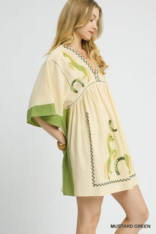 Horse Embroidery Babydoll Dress-Dress-Umgee-Mustard Green-Small-Inspired Wings Fashion