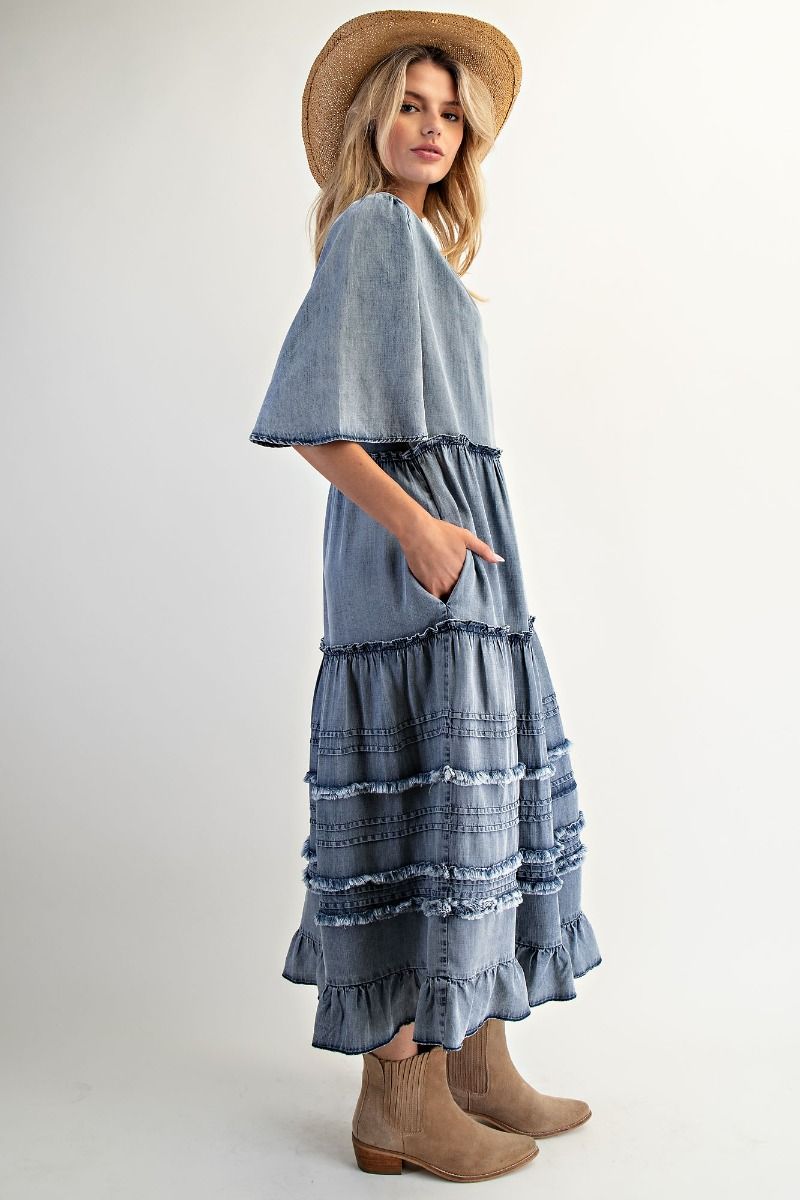knee length dresses for ladies Easel Oversized Frayed Detailed Maxi Dress in Washed Denim S